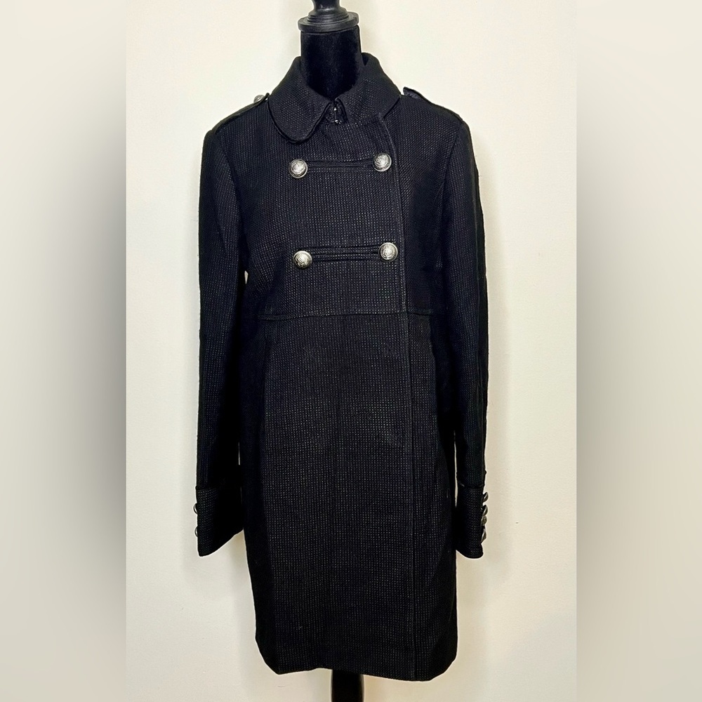 Juicy Couture black wool blend military style knee length winter pea coat med EC
